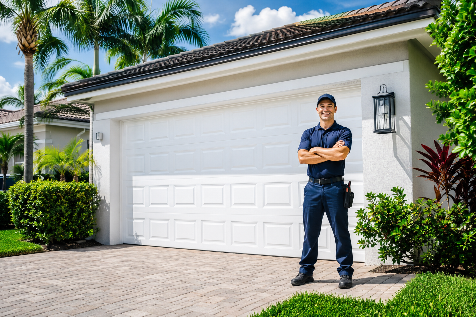 Garage door repair technician servicing a home in Miramar, FL